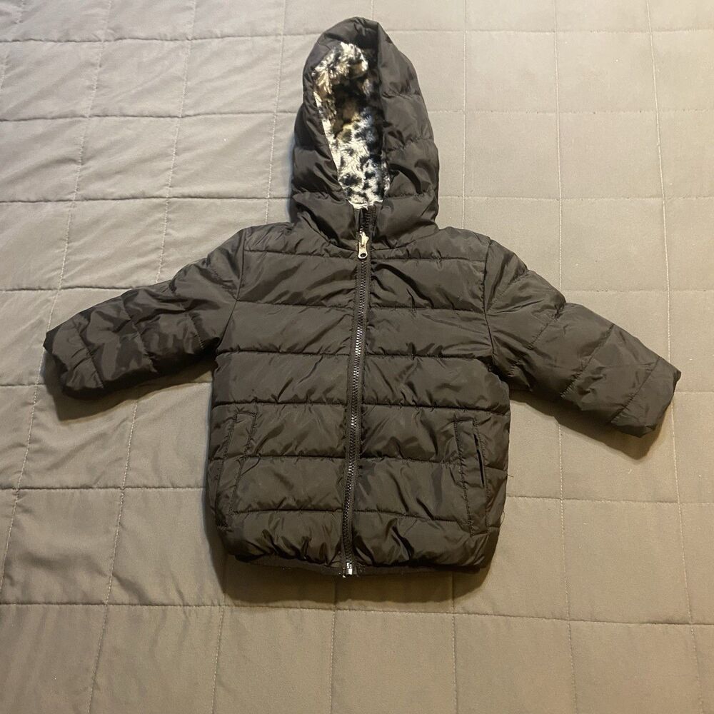 Wondernation Toddler Coat girls Size 2T Black Puffer Coat black and white fiur